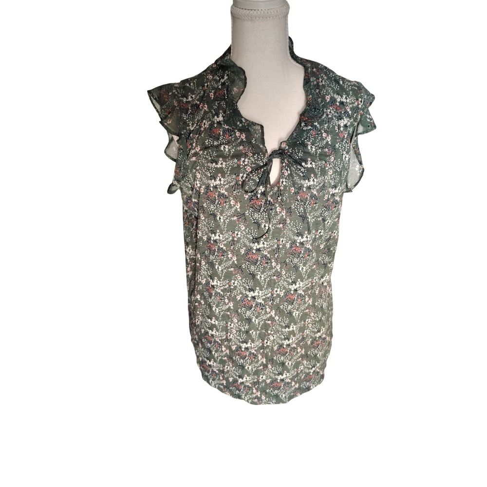 Lucky Brand Green Floral Ruffle V-Neck Tie Front Flutter Sleeve Blouse Large